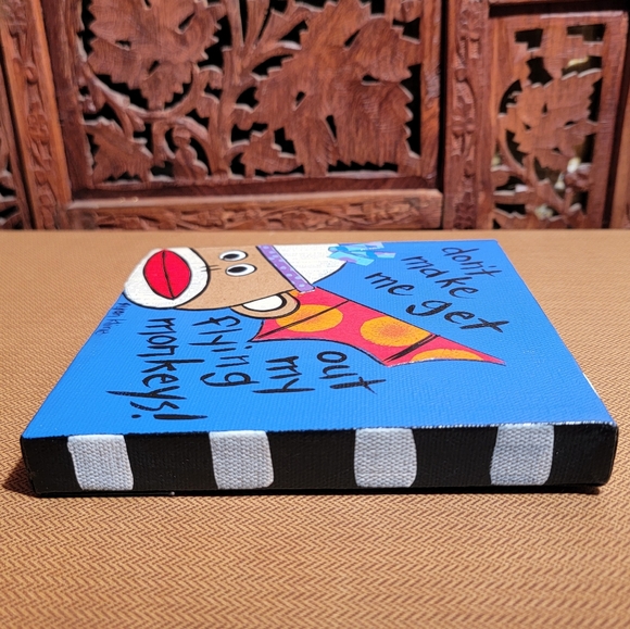 Susan Kline Original Painting With Sock Monkey, Flying Monkey, 6 in x 6 in - Picture 3 of 10